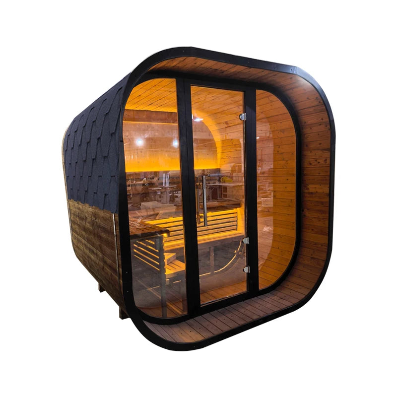 Ready Stocks Cube Wet Steam Sauna Room Canada Carbonized Spruce Outdoor Sauna with Full Glass View 6person
