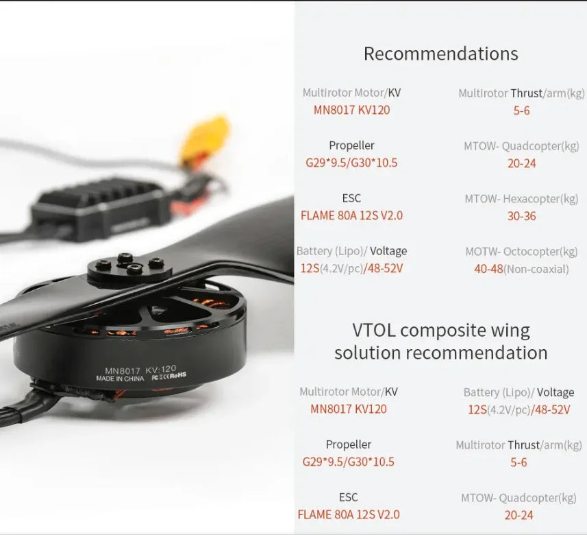 T-MOTOR Antigravity MN8017 KV120 Factory Directly Sale Outrunner Bldc Multicopter Power Brushless Motor