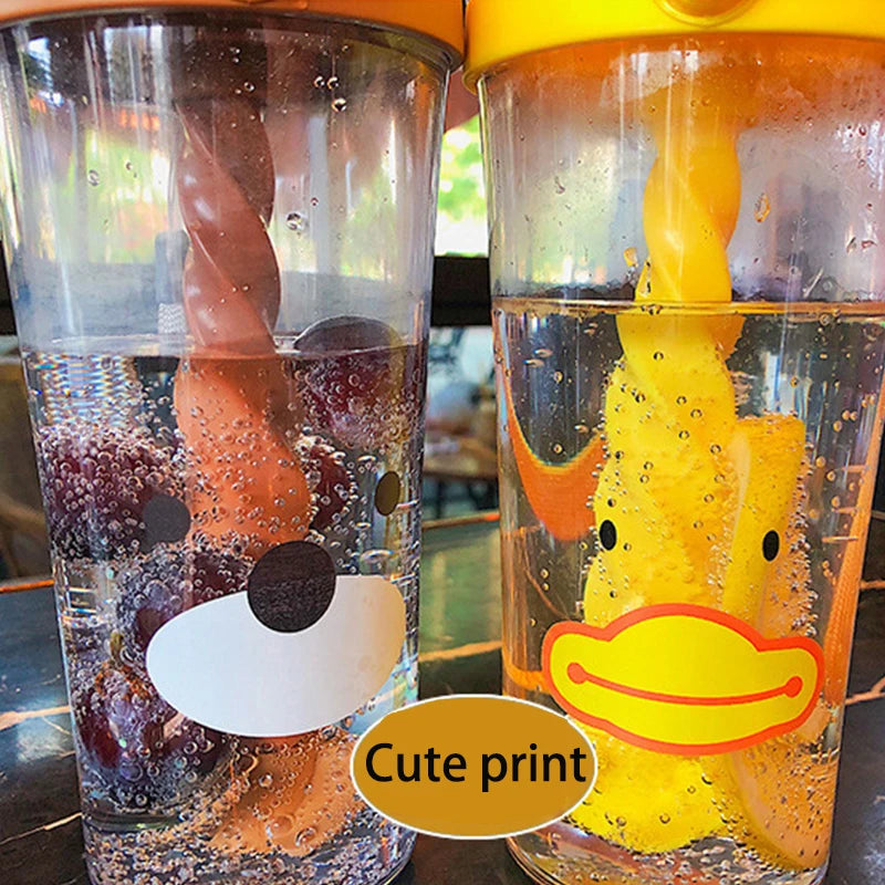Water Bottle with Straw, Plastic Cartoon Mixing Cup, Creative Animal Design, Cute Cartoon, Girl Heart, Ins Photo Gift