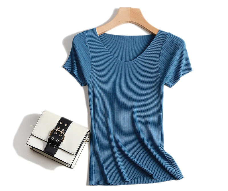 Pullover knitted Short Sleeve knitted Sweater Women Spring Summer Slim Basic Solid Casual Base Female knitting shirts 2024 Korea