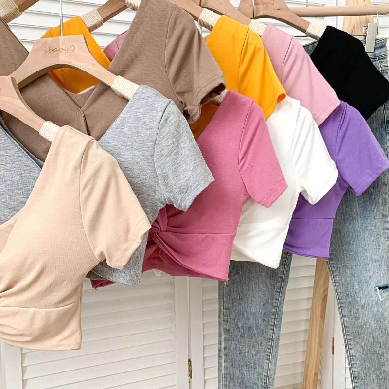 T Shirt  Woman Crop Tops Basic Short Sleeve Kawaii T Shirt Built In Bra Women Sexy Top Harajuku Korean Fashion