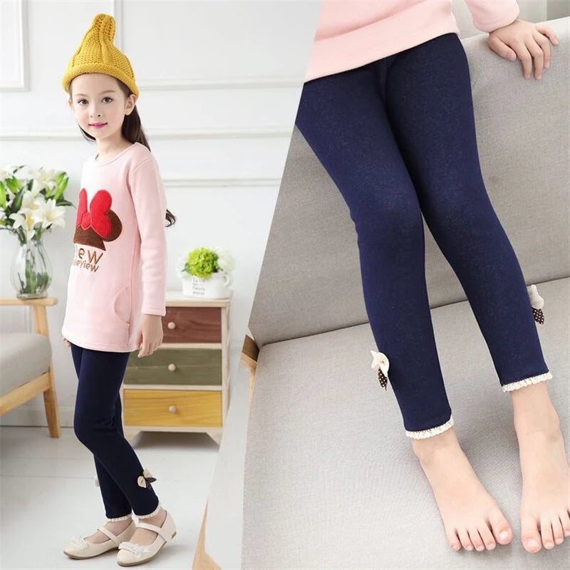 New Autumn Winter Girls Jean Pants Warm Children Leggings Thicken Velvet Bowknot Kids Trousers Baby Girl Pants Icing Leggings