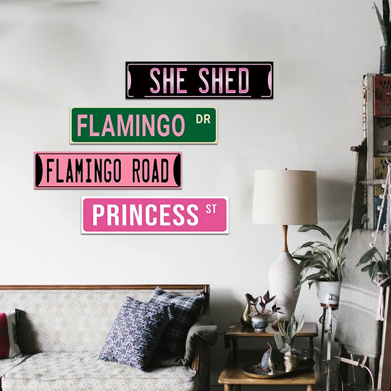 Pink Flamingo Street Metal Tin Sign Retro Flamingo Road She Shed Wall Decor for She Shed Bedroom Girlish Decoration