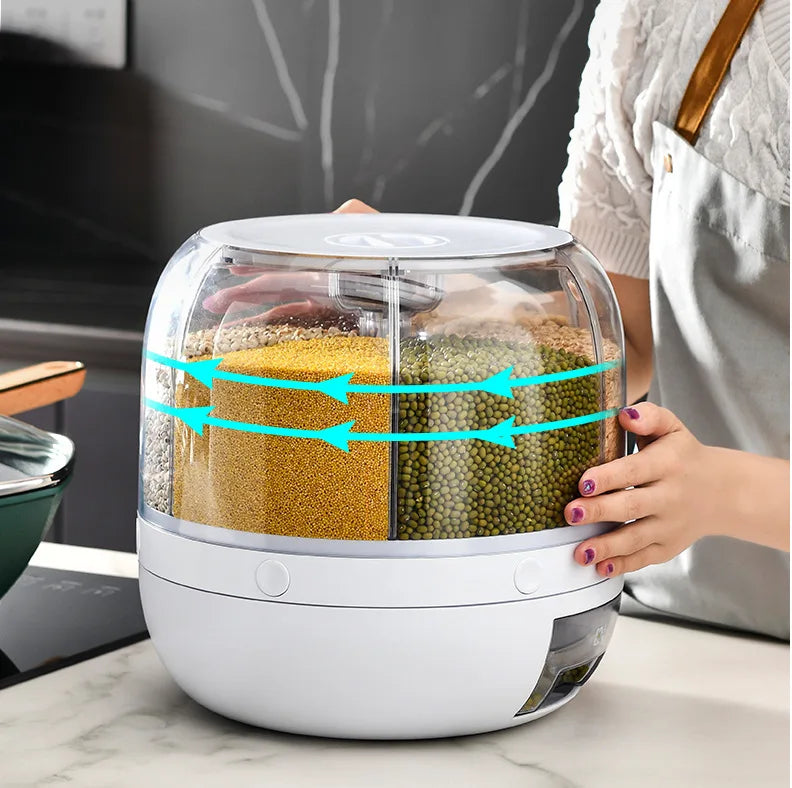 Best Seller Rice Container Kitchen Moisture-Proof 6-Grid Rotating Food Grain Dispenser Cereal Glossy Storage Box