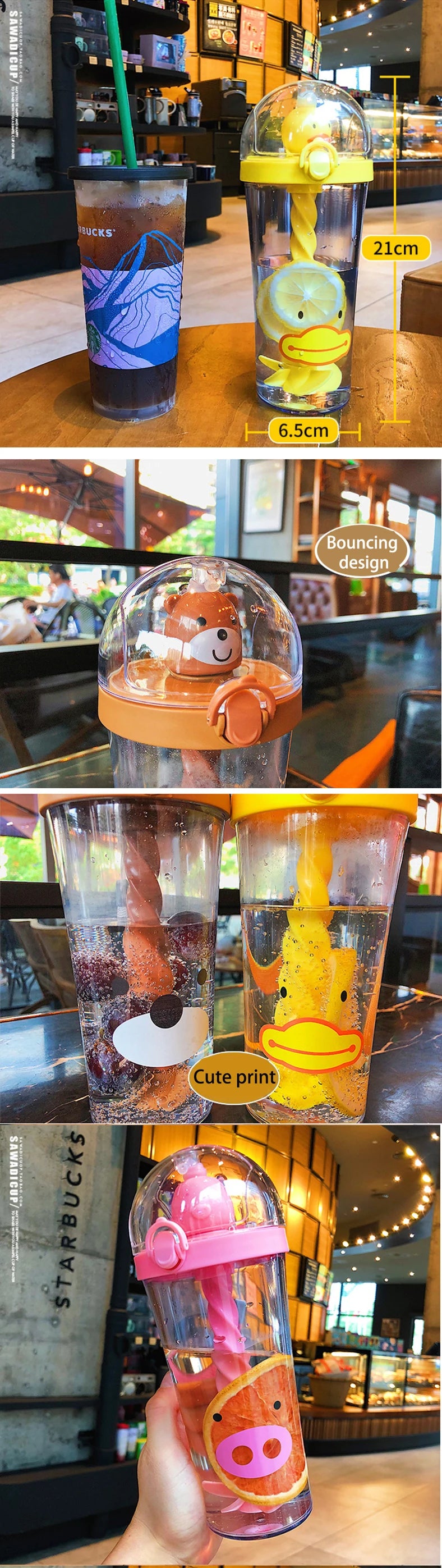 Water Bottle with Straw, Plastic Cartoon Mixing Cup, Creative Animal Design, Cute Cartoon, Girl Heart, Ins Photo Gift