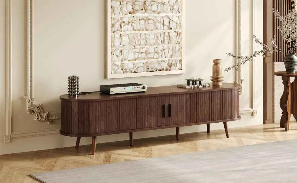Mid Century Modern MDF TV Stand with Tambour Doors Drawers Power Outlet-Eco-Friendly Storage for 80 Inch TVs Living Room Bedroom
