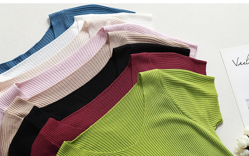 Pullover knitted Short Sleeve knitted Sweater Women Spring Summer Slim Basic Solid Casual Base Female knitting shirts 2024 Korea