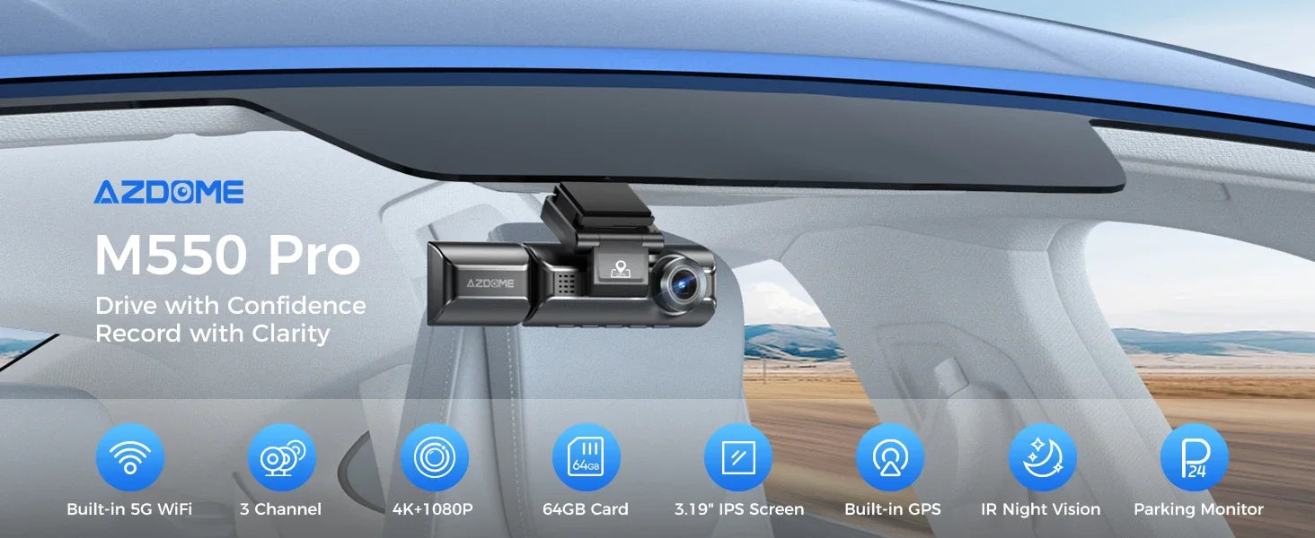 AZDOME M550 PRO HD 3 Lens Adas Wifi GPS Front Rear 4K Dash Cam IPS Screen Car Dash Black Box DVR Video Camera for Audi