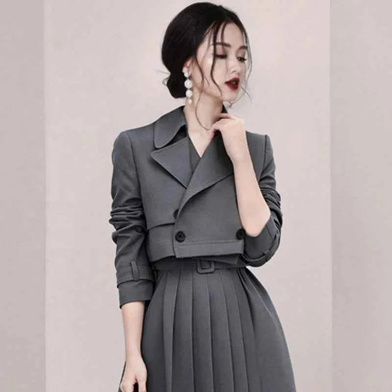 Fashion Women Wear 2 Piece Set Office Ladies Pleated Skirt Long Sleeve Blazer Dress