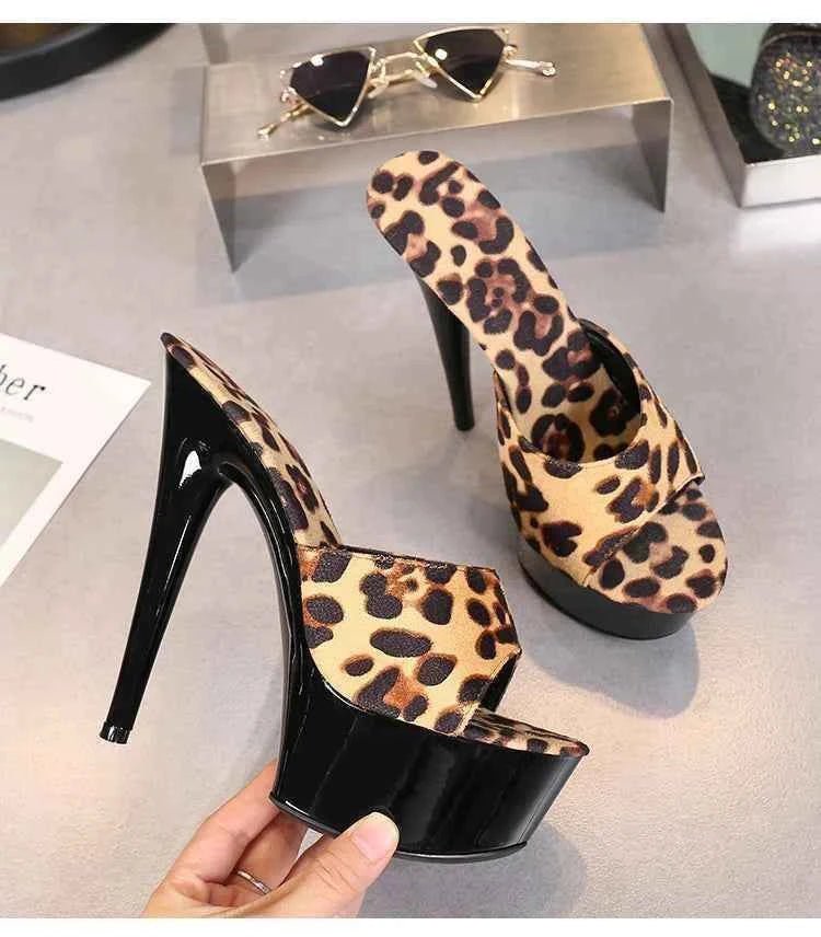 Voesnees Summer Slippers Women 2021 High Heels 15cm 17 CM Leopard Print Slip-On Platform Slides Sexy Catwalk Shoes Club Sandals