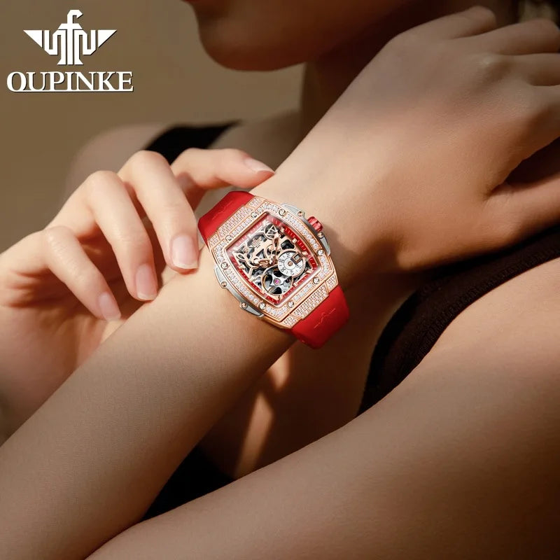 OUPINKE 3220 Hollow Skeleton Hollow Tourbillon Design Stainless Steel Sports Fashion Lady Automatic Mechanical Watch for Woman