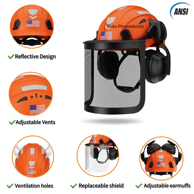 DEKE ANSI Standard Logging Safety Helmet Chainsaw Forestry Hard Hats With Mesh Visor and Earmuffs for Personal protection