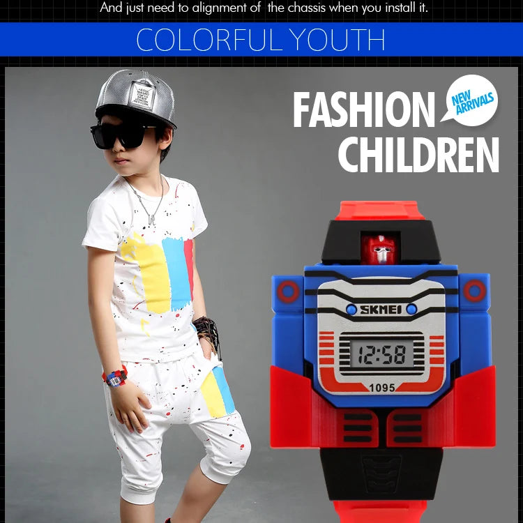 SKMEI Kids Watches LED Digital Children Cartoon Sports Watches Robot Transformation Toys Boys Wristwatches montre enfant 1095