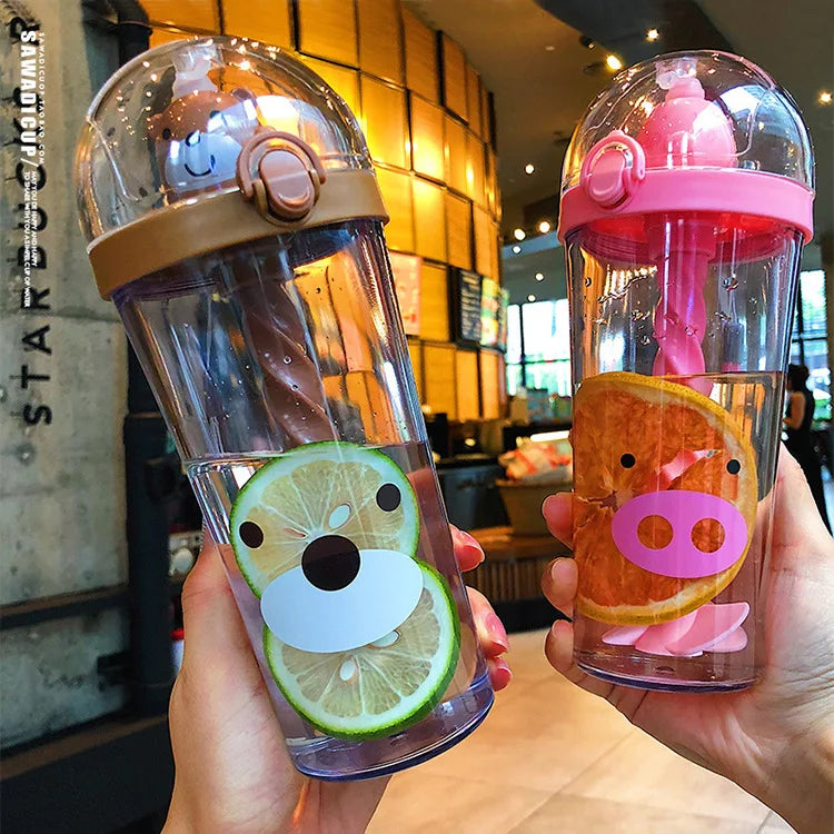 Water Bottle with Straw, Plastic Cartoon Mixing Cup, Creative Animal Design, Cute Cartoon, Girl Heart, Ins Photo Gift