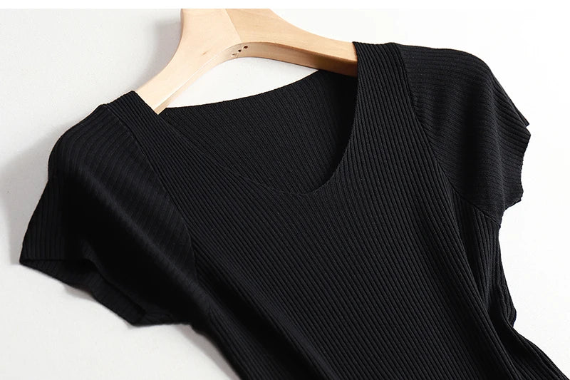 Pullover knitted Short Sleeve knitted Sweater Women Spring Summer Slim Basic Solid Casual Base Female knitting shirts 2024 Korea