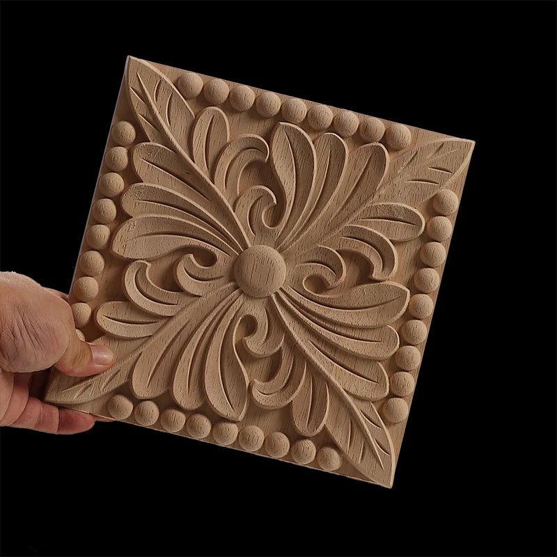 Decorative Wood Appliques Unique Exquisite Natural Floral Wooden Carved Onlay Decal Figurines Home Furniture Door Decor Square