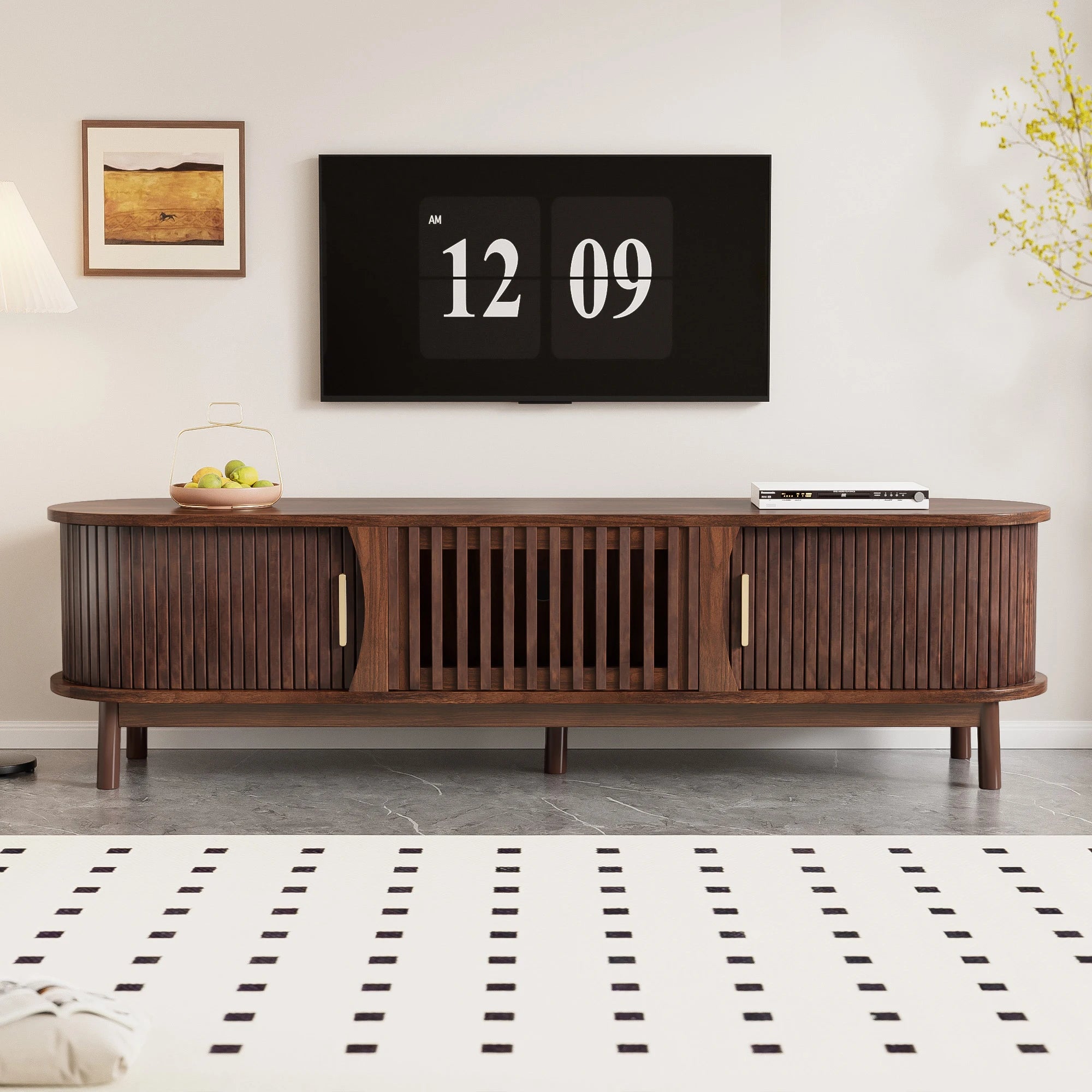 Mid-Century Living Room TV Stand for 75" TVs Wood Entertainment Center with Adjustable Storage Cabinet