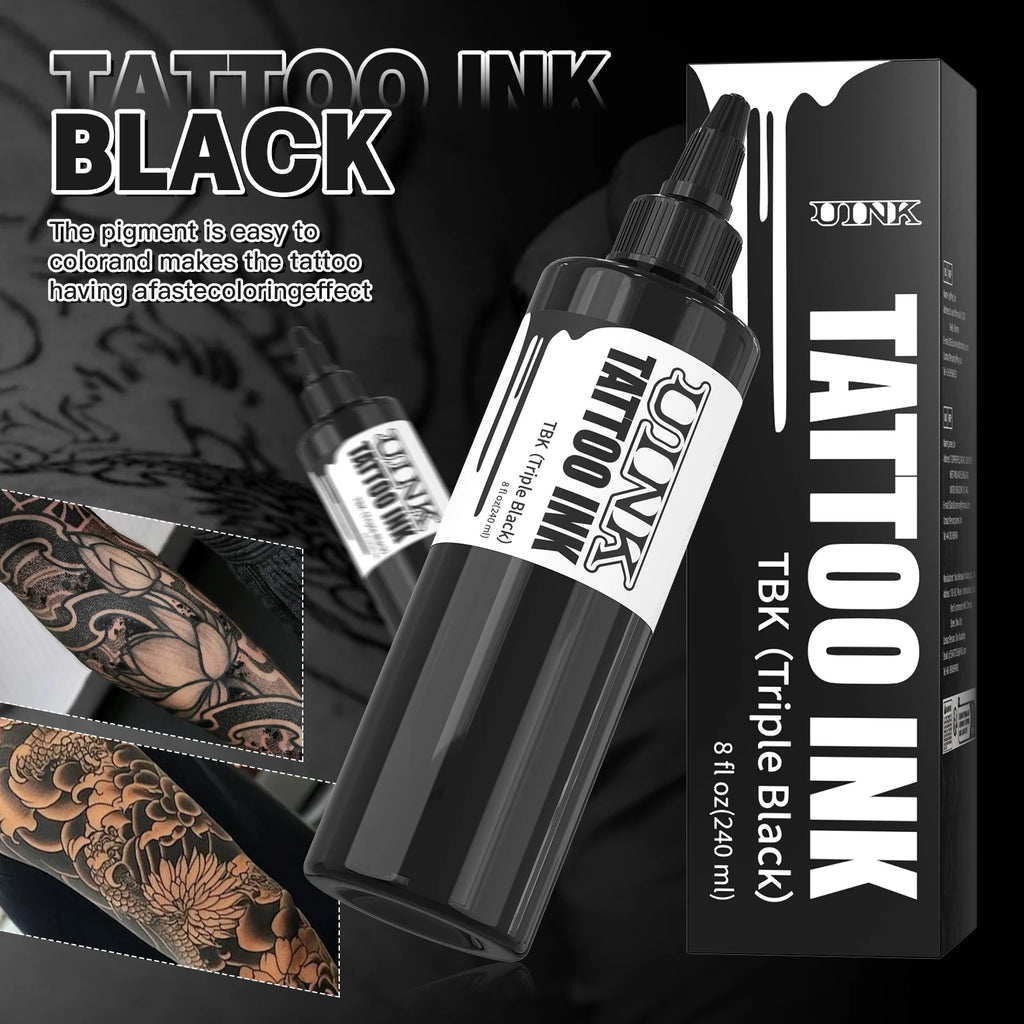 UINK 240ml Triple Black Tattoo Ink: High-quality Tattoo Pigment, UV Sterilized, Customizable Logo, OEM Supported.