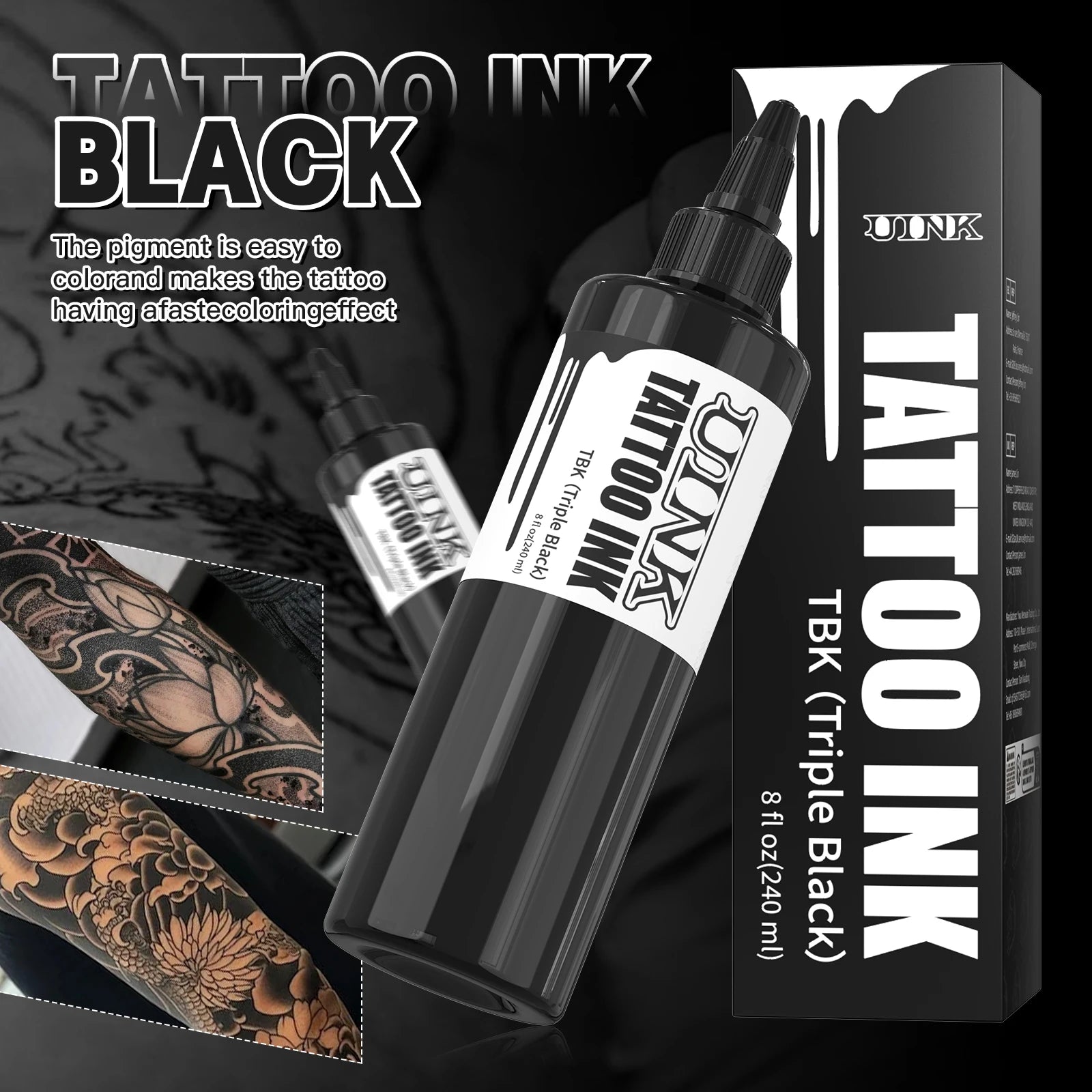 UINK 240ml Triple Black Tattoo Ink: High-quality Tattoo Pigment, UV Sterilized, Customizable Logo, OEM Supported.