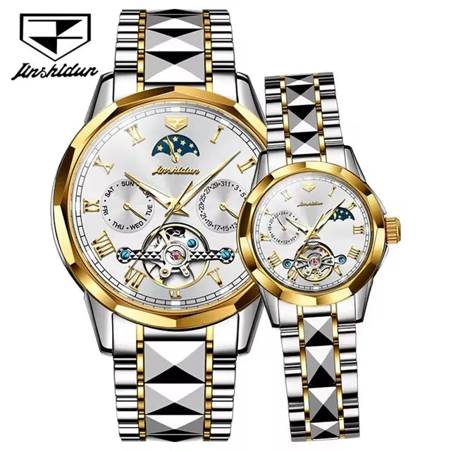 Jsdun 8937 Fashion Moon Phase Business Water Resistant Complete Couple Watch Top Luxury Tungsten Steel Band Lovers Watches