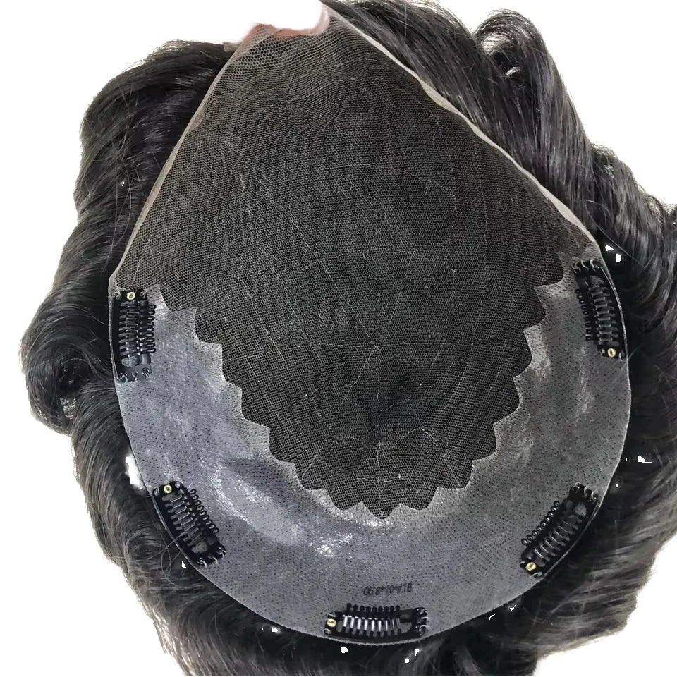Sinoland EY-03 Q6 Style French Lace Skin Natural Hairline 5 Clips Men's Toupee 100% Indian Human Hair 6 Inch 38MM Texture