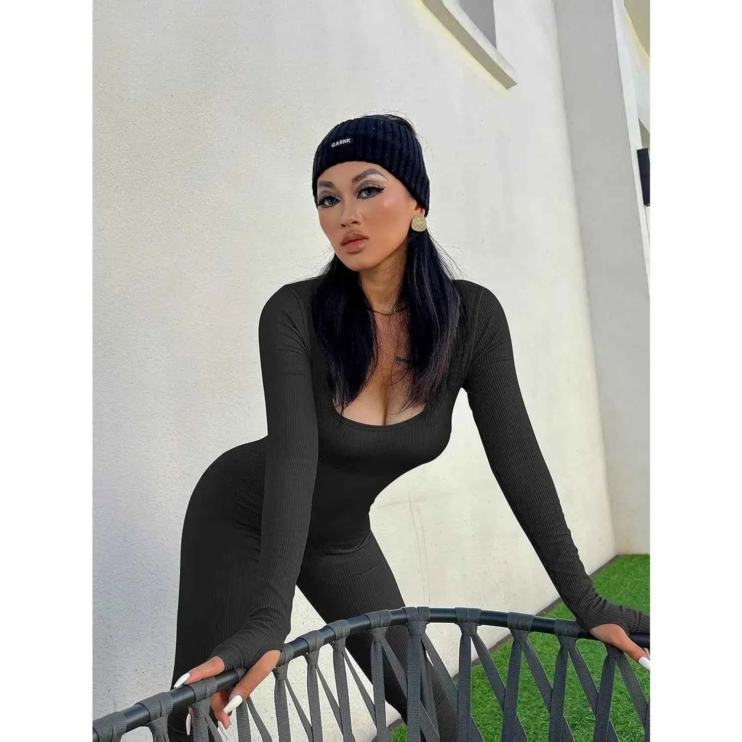Elevate Women Spandex/Polyester Ribbed Long Sleeve Yoga Jumpsuit Full Length Square Neck Workout Solid Color