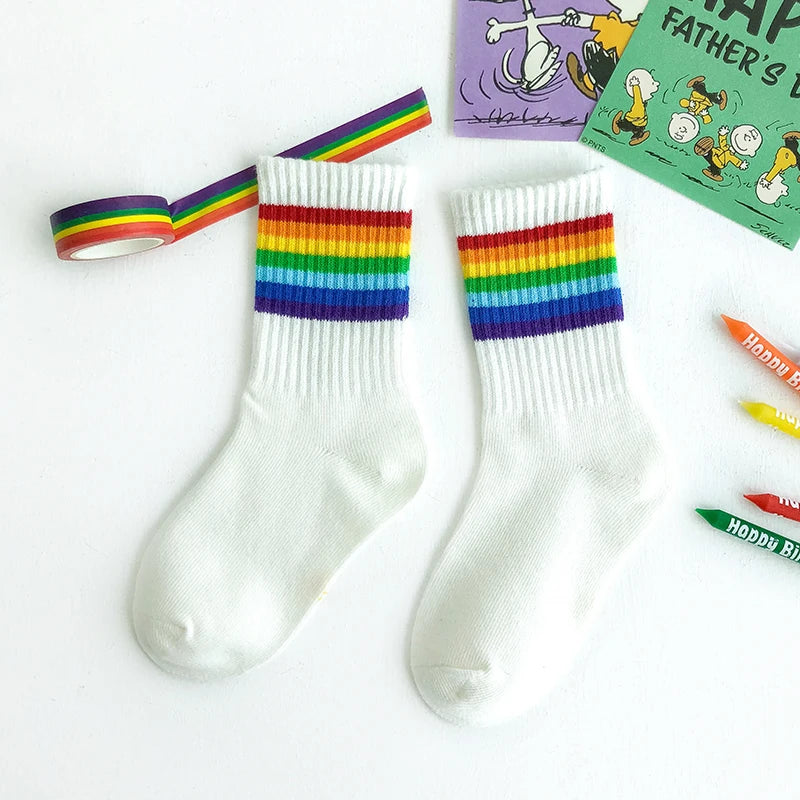 Kids Knee High Rainbow Socks Spring Summer Toddler Child Girls Boys Cotton White School Socks Stripe Long Sock Baby Accessories