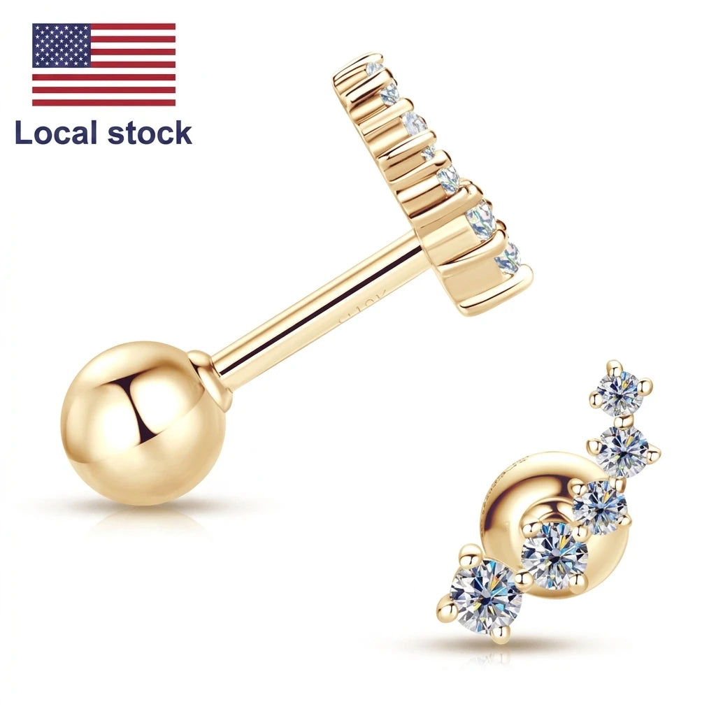 Free Shipping 10K Solid Gold Luxury Moissanite Stud Earrings 1.9mm/1.7mm/1.4mm/1.2mm Curved Fashionable Wedding Gift for Women