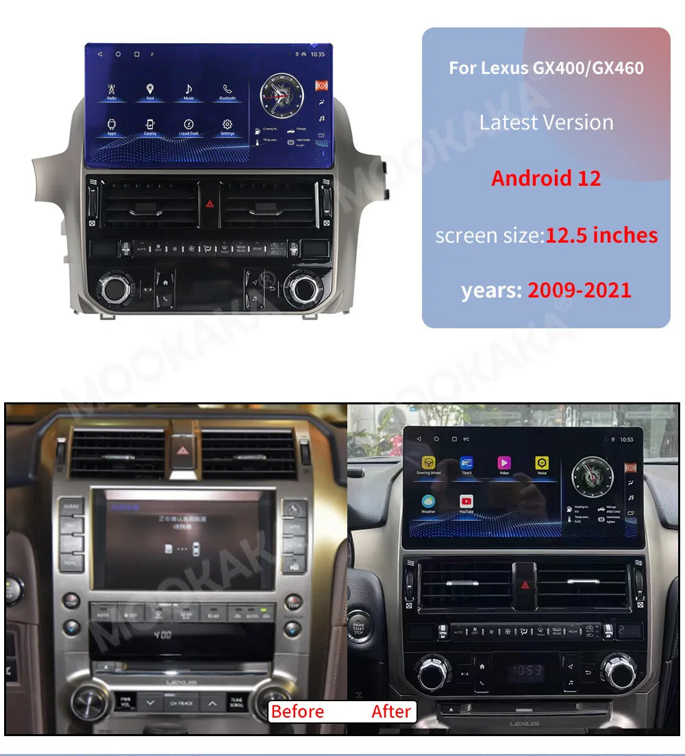 Upgrade 2024 Gen 12.5'' Carplay for Lexus GX400 GX460 2010-2021 Android GPS Navigation 4G WiFi Stereo QLED Screen Car Radio DVD
