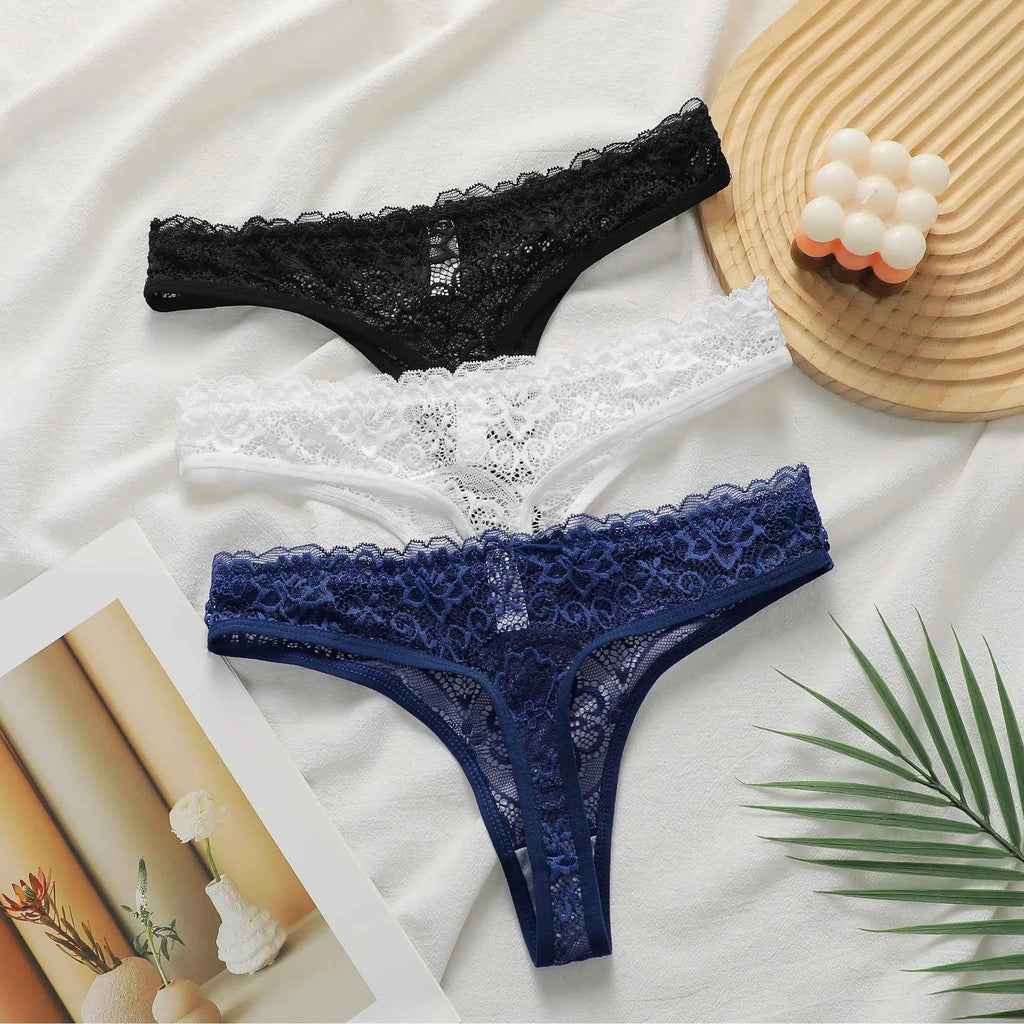 European Style Floral Lace Panties Sexy High and Low Rise Seamless Breathable Thong 3-Pack Size 3XL Thinness G-String