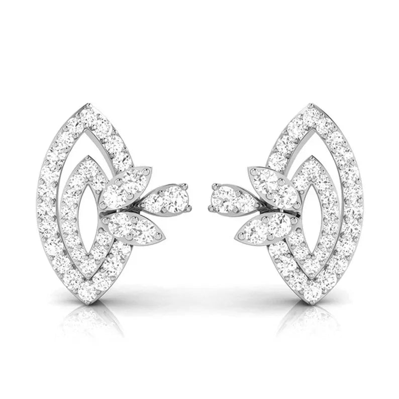 Curved Leaf 925 Silver Stud Earrings Rhodium Plated Marquise Diamond Detailing Iced Elegant Modern Luxury Wedding Statement