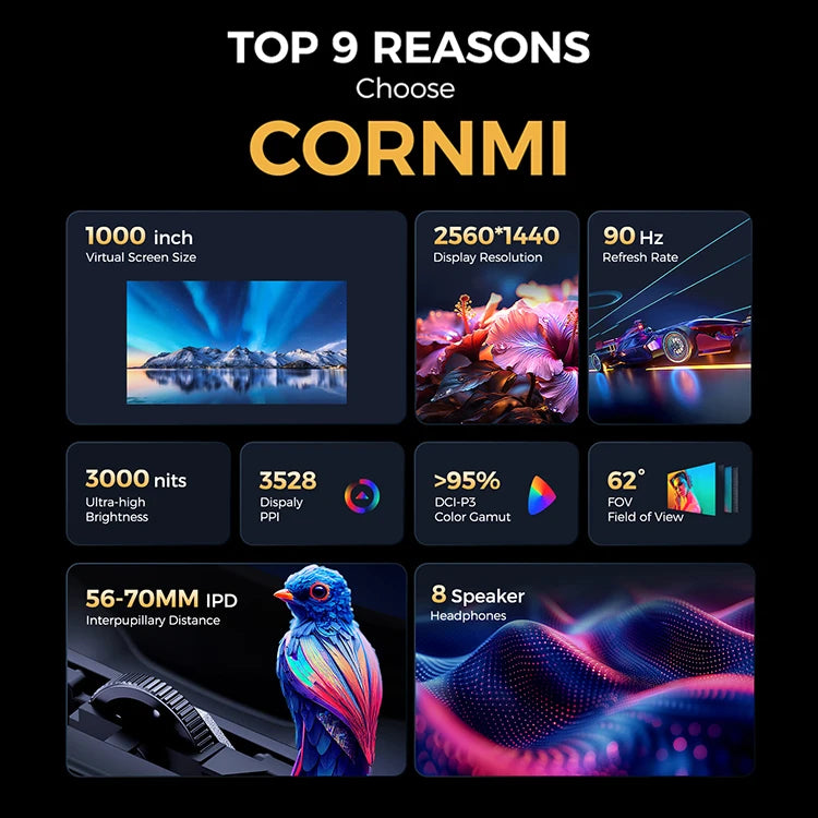 CORNMI Immersive 3D MR Hardware Virtual Reality Smart Glasses Head Mounted Display for Private Cinema & Gaming Stock Available