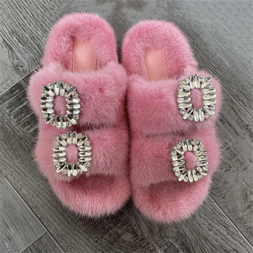 Wholesale Fur Slipper  Women Slides 2024 Women's Shoes Real Mink Fur Slipper  Flats Fashion Fur Slippers