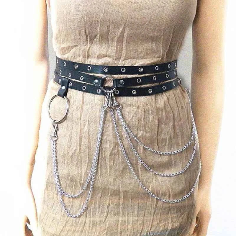 Female Leather Skirt Belts Punk Gothic Rock Harness Waist Metal Chain Body Bondage Hollow Belt Accessories For Lady