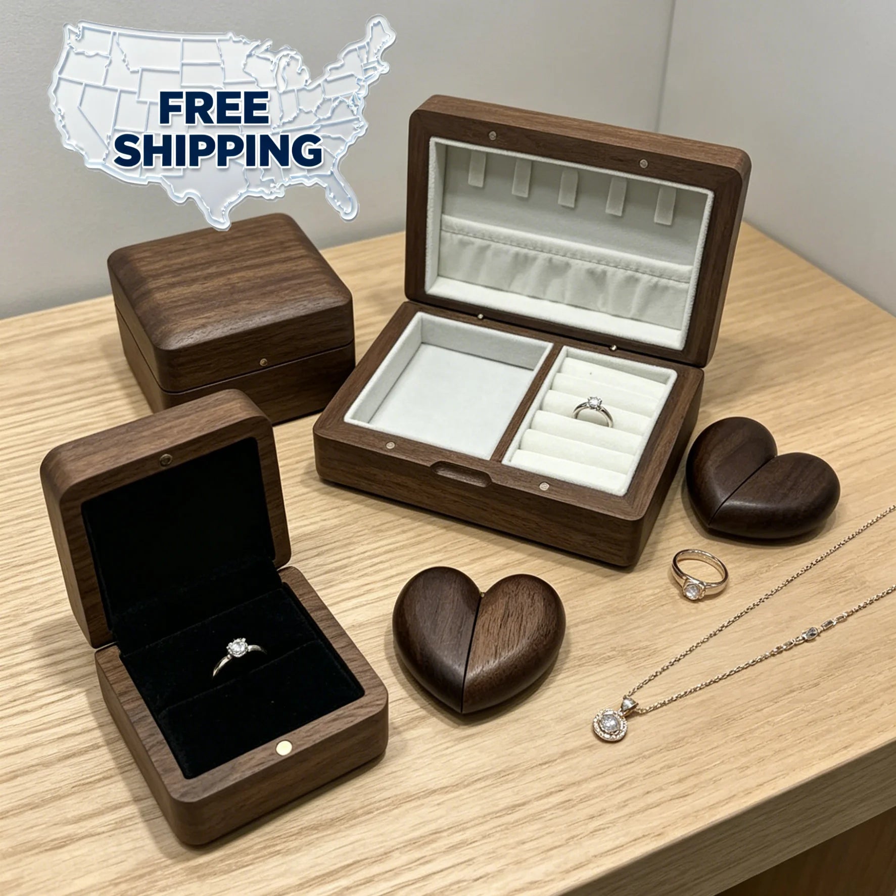 USA Free Shipping 12 Pcs Pack Magnetic Walnut Wooden Ring Box Jewelry Box Wedding Ring Box Ring for Storage Box Proposal Gift