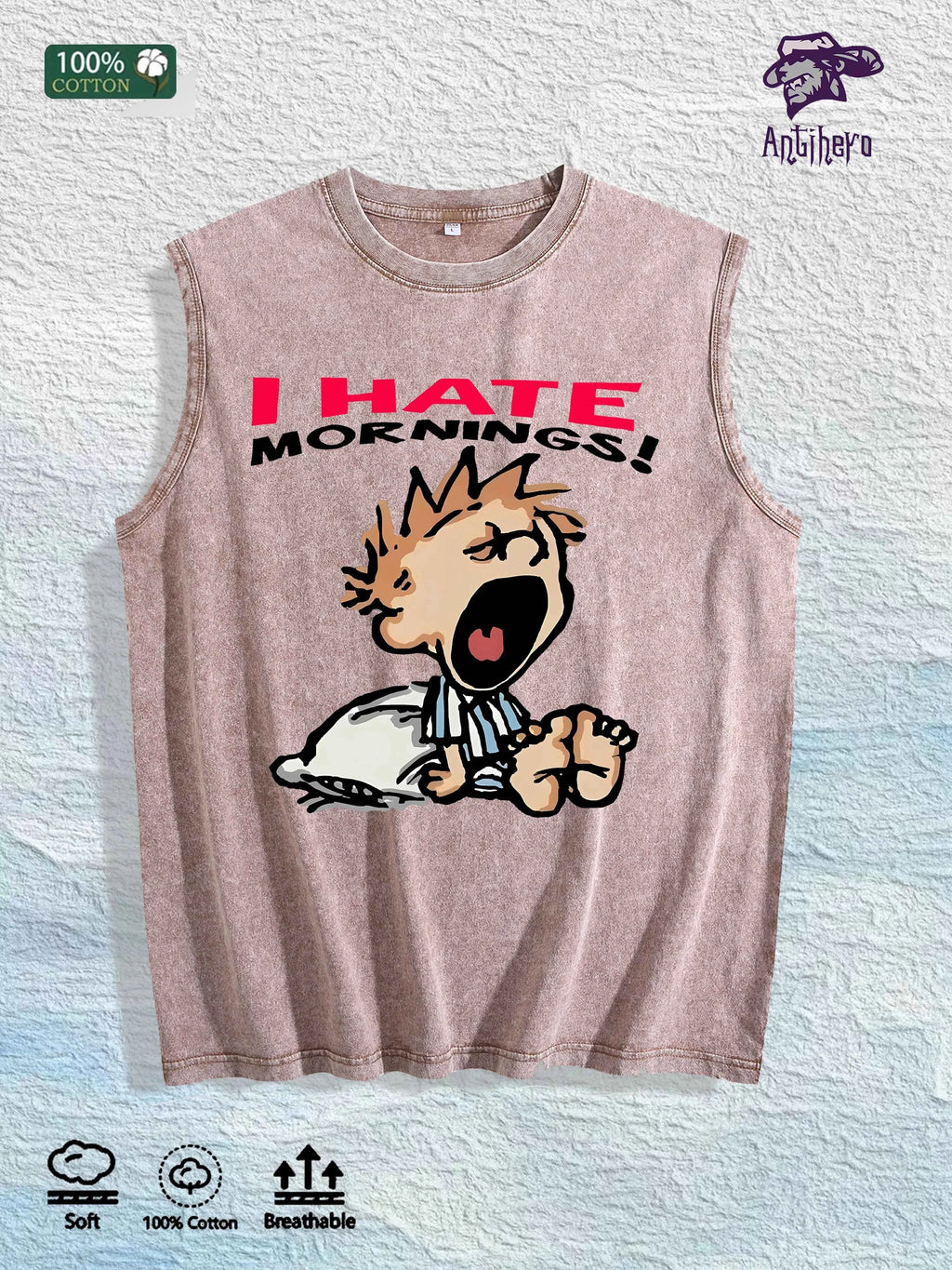 I Hate Mornings Cartoon Graphic Washed Vest US Warehouse 3 Colors Cotton Tank