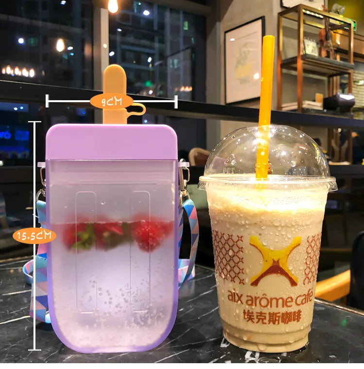 Summer Outdoor Water Bottle with Straw Portable Rope Travel Water Bottles Student Girls Water Cup Juice Drinking Bottle BPA Free