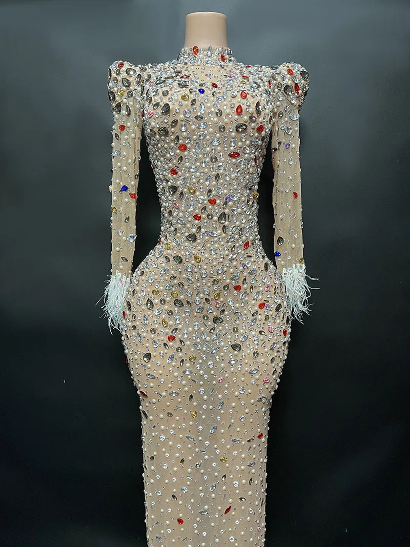 2024 Dropshipping Crystal Pearl Beading Feathers Women Gowns Evening Dresses High End Dress