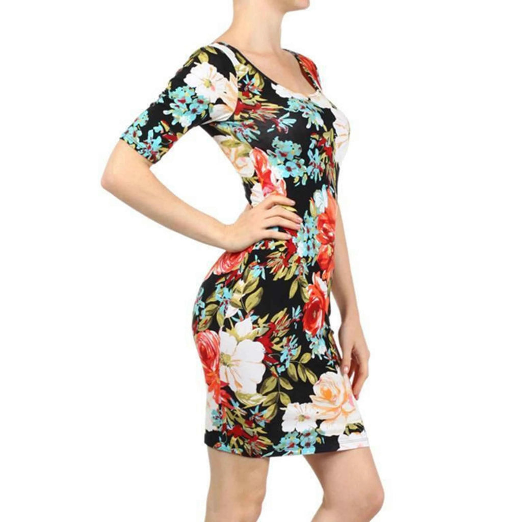 TD Floral Print Knit Scoop Neck Body-Con Dress 3/4 Sleeves Trendy Elegent Casual Day Clothes XS to XL Floor-Length ODM Supply