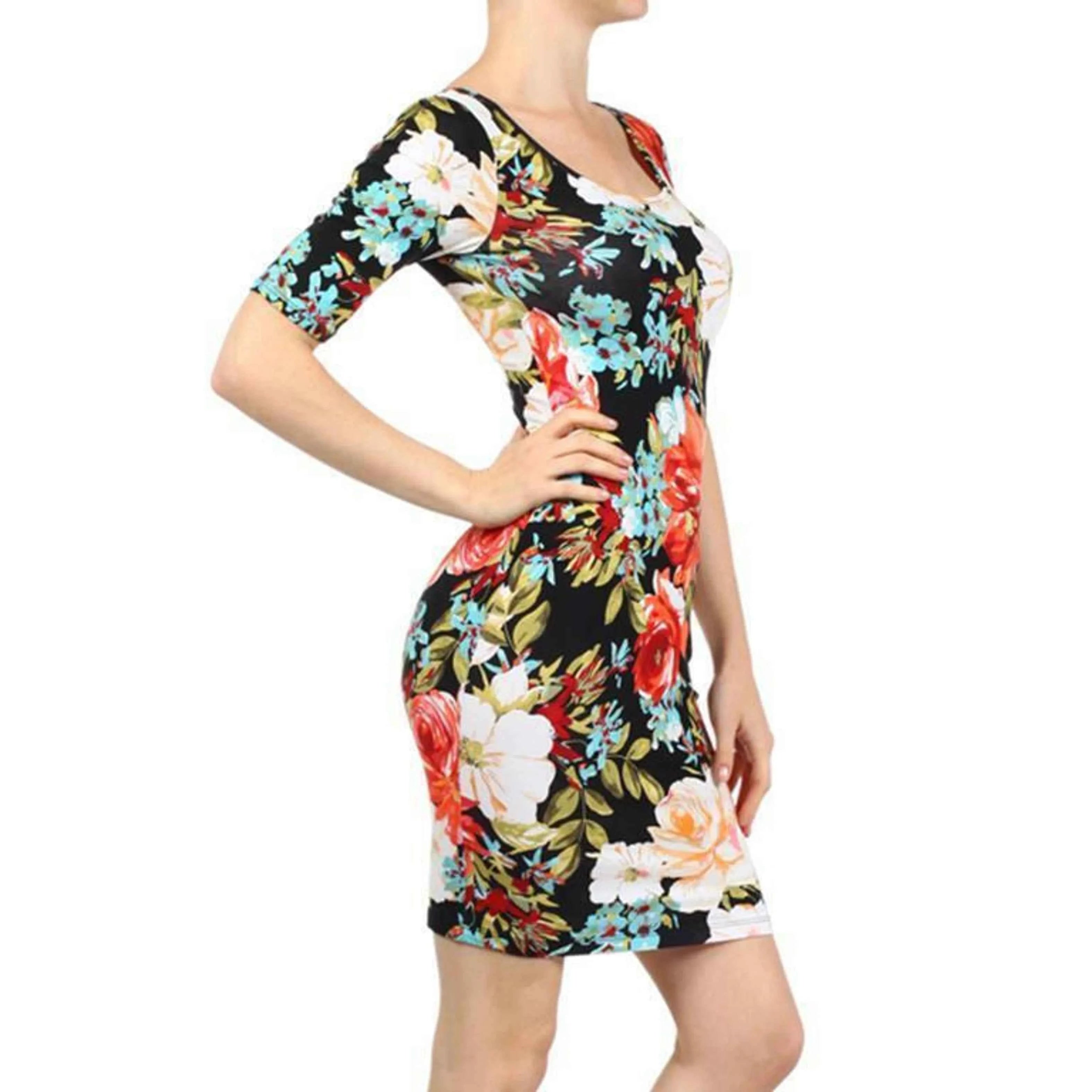 TD Floral Print Knit Scoop Neck Body-Con Dress 3/4 Sleeves Trendy Elegent Casual Day Clothes XS to XL Floor-Length ODM Supply