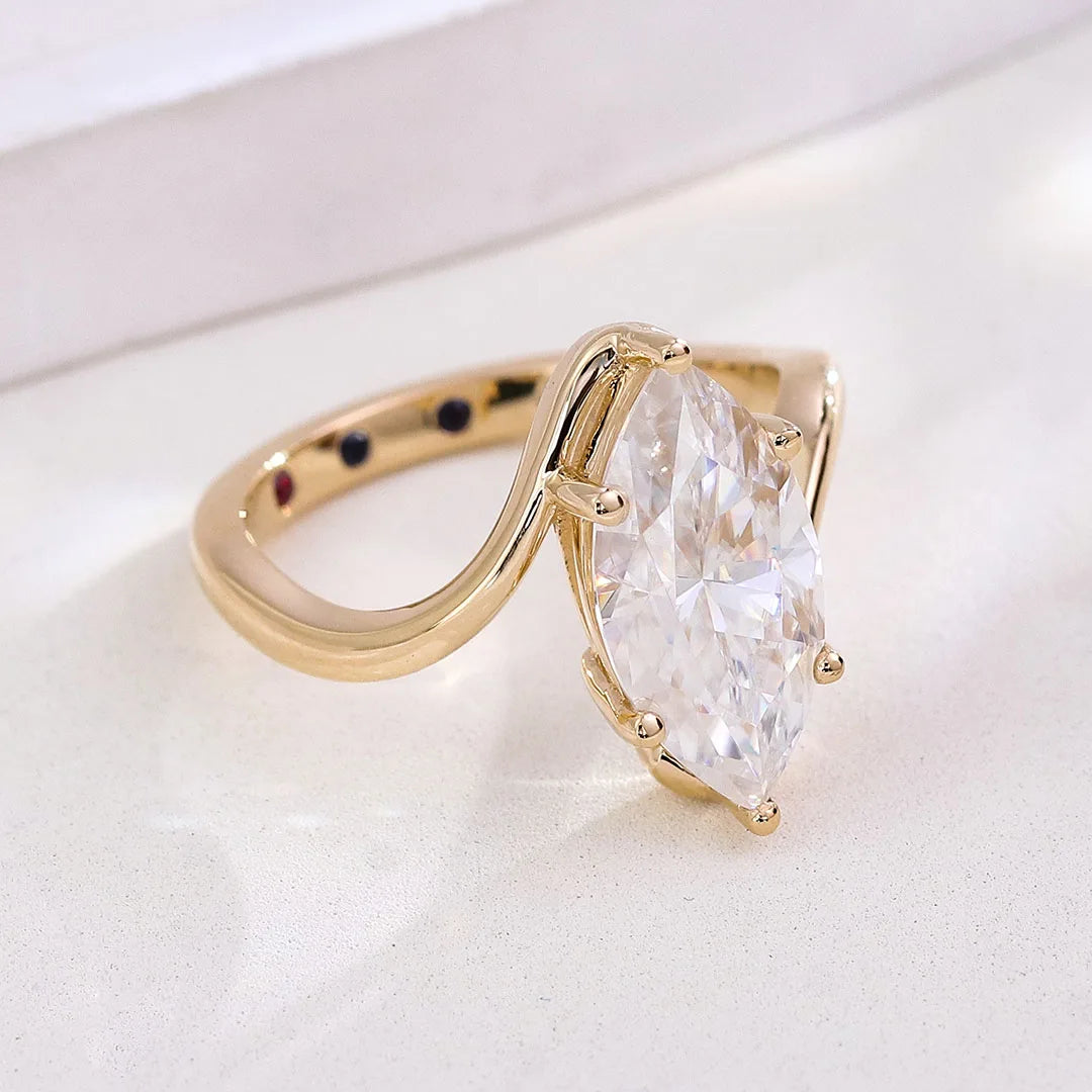 3 Carat Marquise Moissanite Diamond Engagement Ring 10k Yellow Gold Twisted Band Couture Women's Fine Jewelry Ring