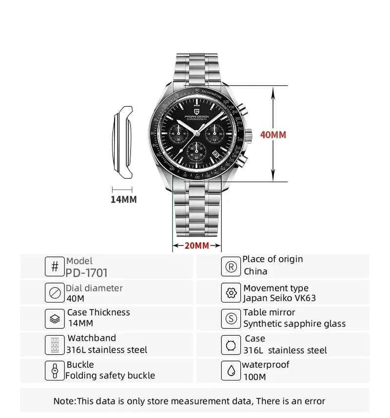 New PAGANI DESIGN Top Mens Watches Automatic Quartz Clock Japan VK63 Business Speed Chronograph Sapphire Mirror Wristwatch 1701