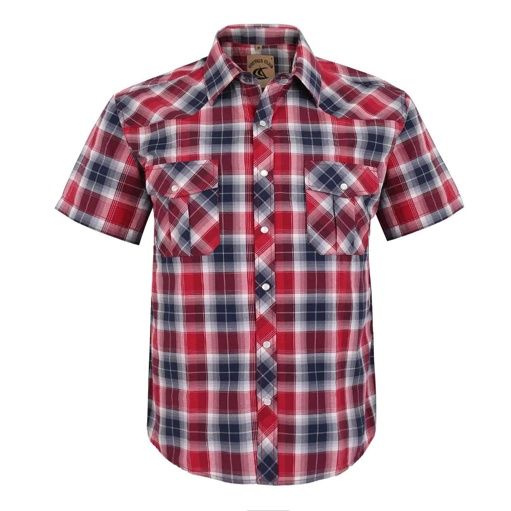 Men Pearl Snap Short Sleeve Western Cowboy Shirt Plaid Pattern with Buttons Two Front Pockets