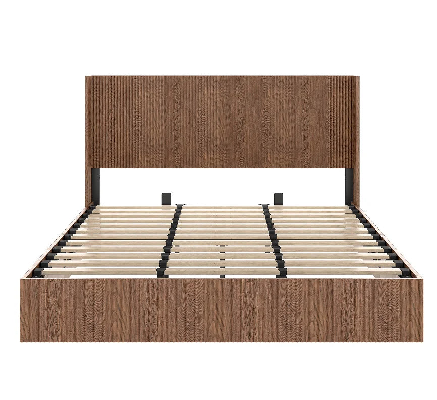 Teak Wood Platform Bed Frame  & King Size with Headboard Modern Soft Bed Eco-Friendly Convertible Natural Color