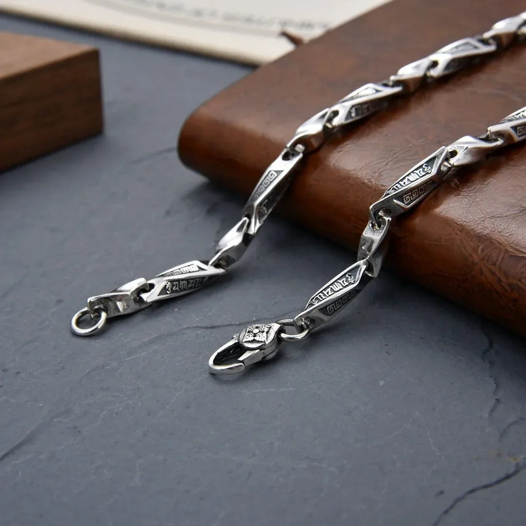 BOCAI S925 Silver Six-Character Mantra Bracelet for Men Retro Irregular Link Chain for Individual Fashion Necklace for Men