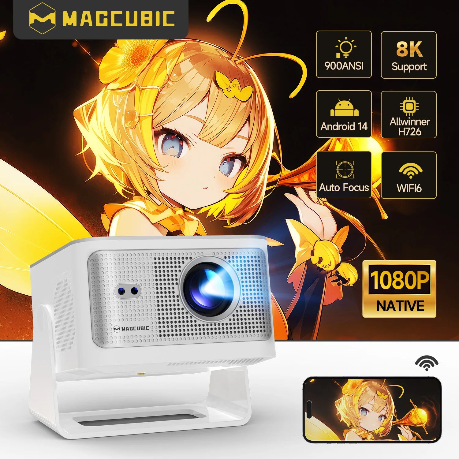 Portable HY350MAX MAGCUBIC Auto Focus Smart Projector 1080P 8K Support Android14 WiFi6 BT5.4 2+16G Portable Video Home Theater
