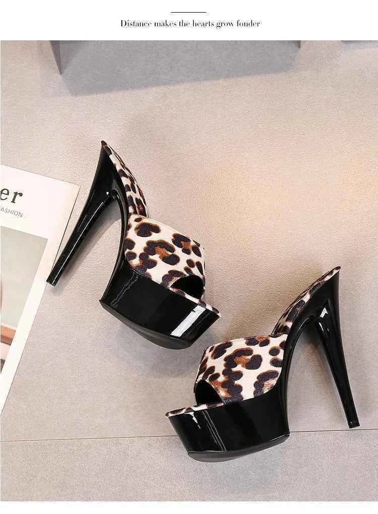 Voesnees Summer Slippers Women 2021 High Heels 15cm 17 CM Leopard Print Slip-On Platform Slides Sexy Catwalk Shoes Club Sandals