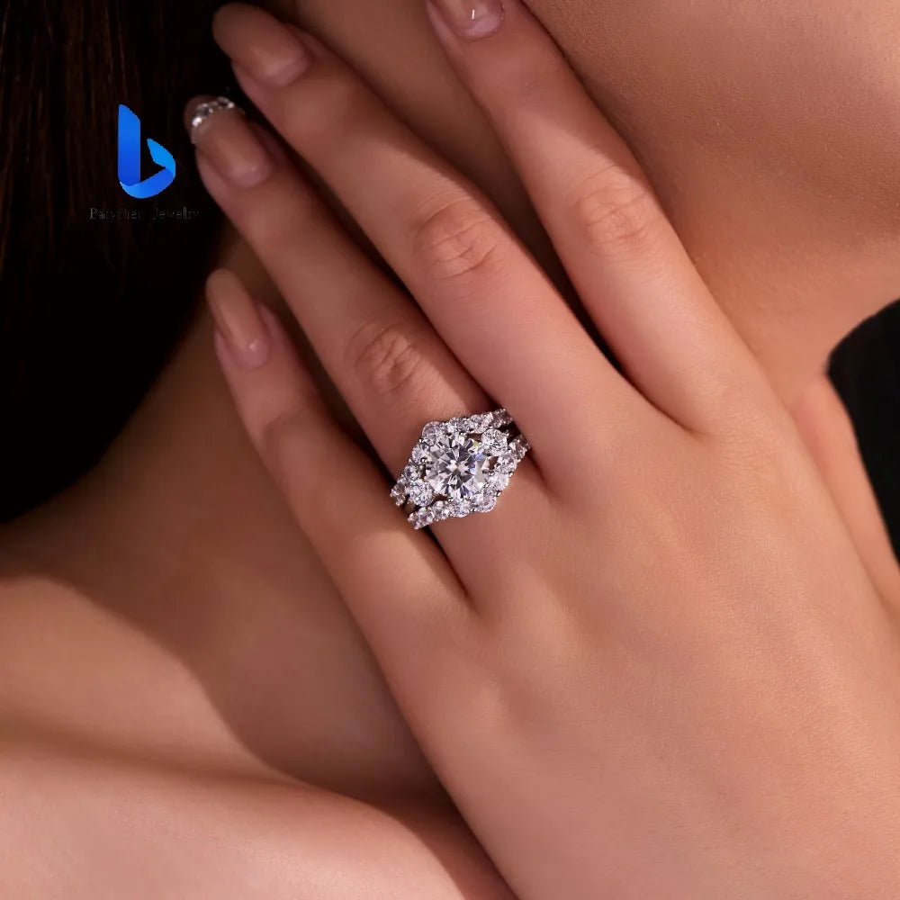 Luxury S925 Sterling Silver Round Brilliant Cut Moissanite Wedding Engagement Ring Set