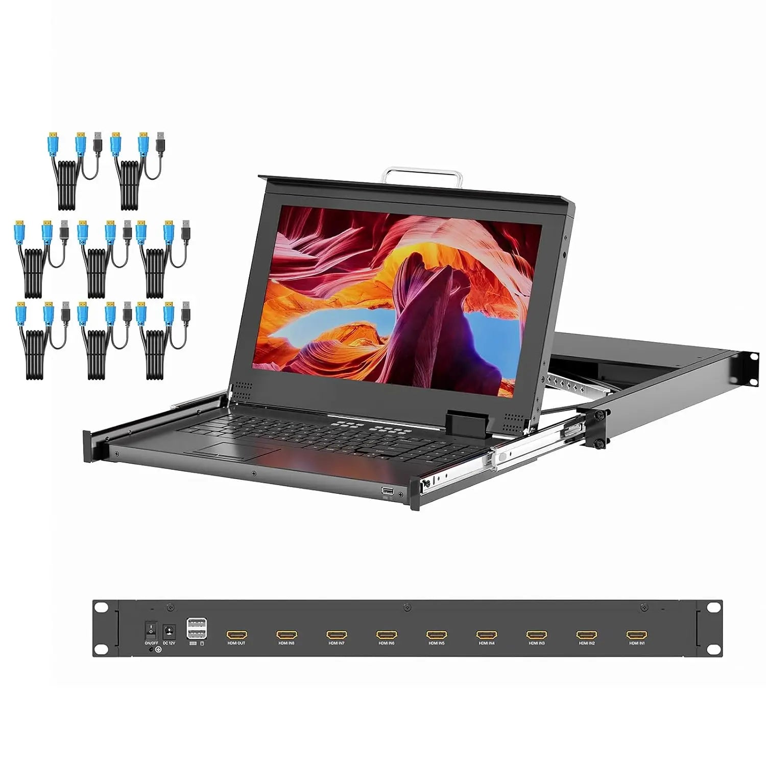 1U Rack Mount KVM Console Arvitek 15.6" LCD Monitor 8-Port for Cables Keyboard Touchpad Fits 23.6-31.5 Rack Depth Full HD