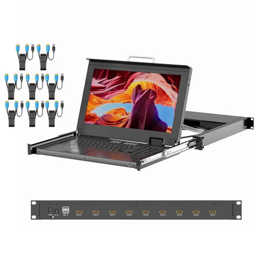 1U Rack Mount KVM Console Arvitek 15.6" LCD Monitor 8-Port for Cables Keyboard Touchpad Fits 23.6-31.5 Rack Depth Full HD